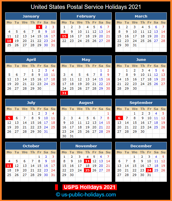 United States Postal Service Holiday Calendar 2021